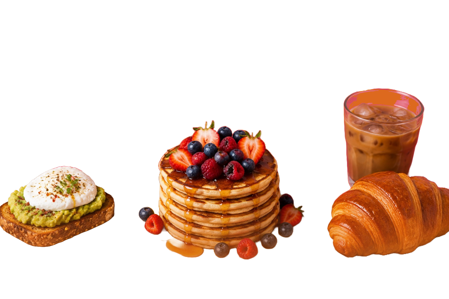 Pancakes, tartine d’avocat, croissant doré et café glacé façon brunch.